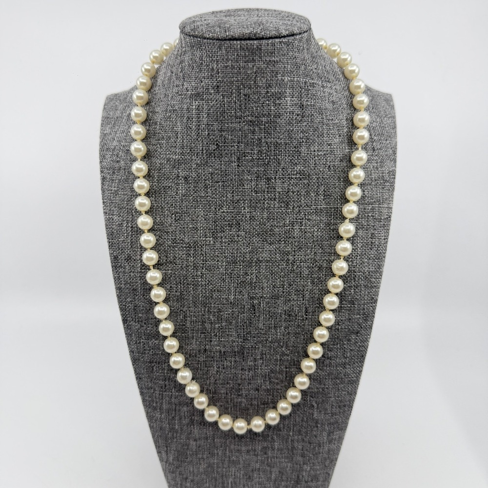 Cream Faux Pearl Hand Knotted Long Strand Necklace Ornate Box Clasp Bridal Gift